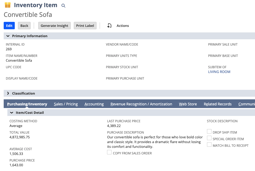 The Costing Method field on the Purchasing/Inventory subtab, under Item/Cost Detail, alongside the average cost and total value it drives NetSuite costing method field on an inventory item record