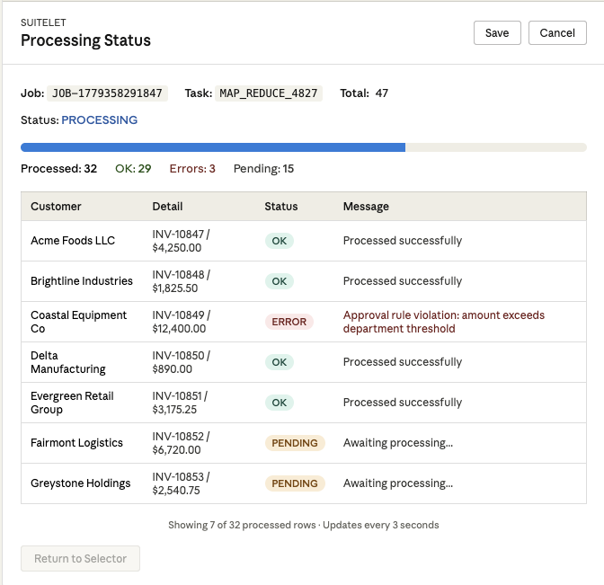 Real-time status page showing record-by-record progress Processing Status Page
